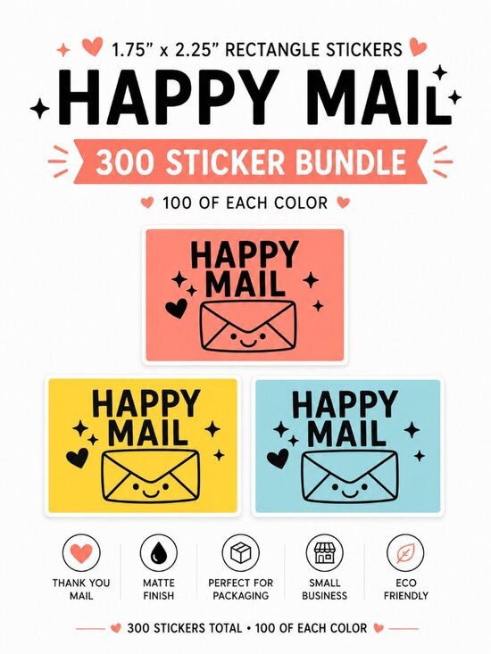 Handmade Other - 300 Multicolor Happy Mail Packaging Stickers Rectangle Botique, Reseller Supply